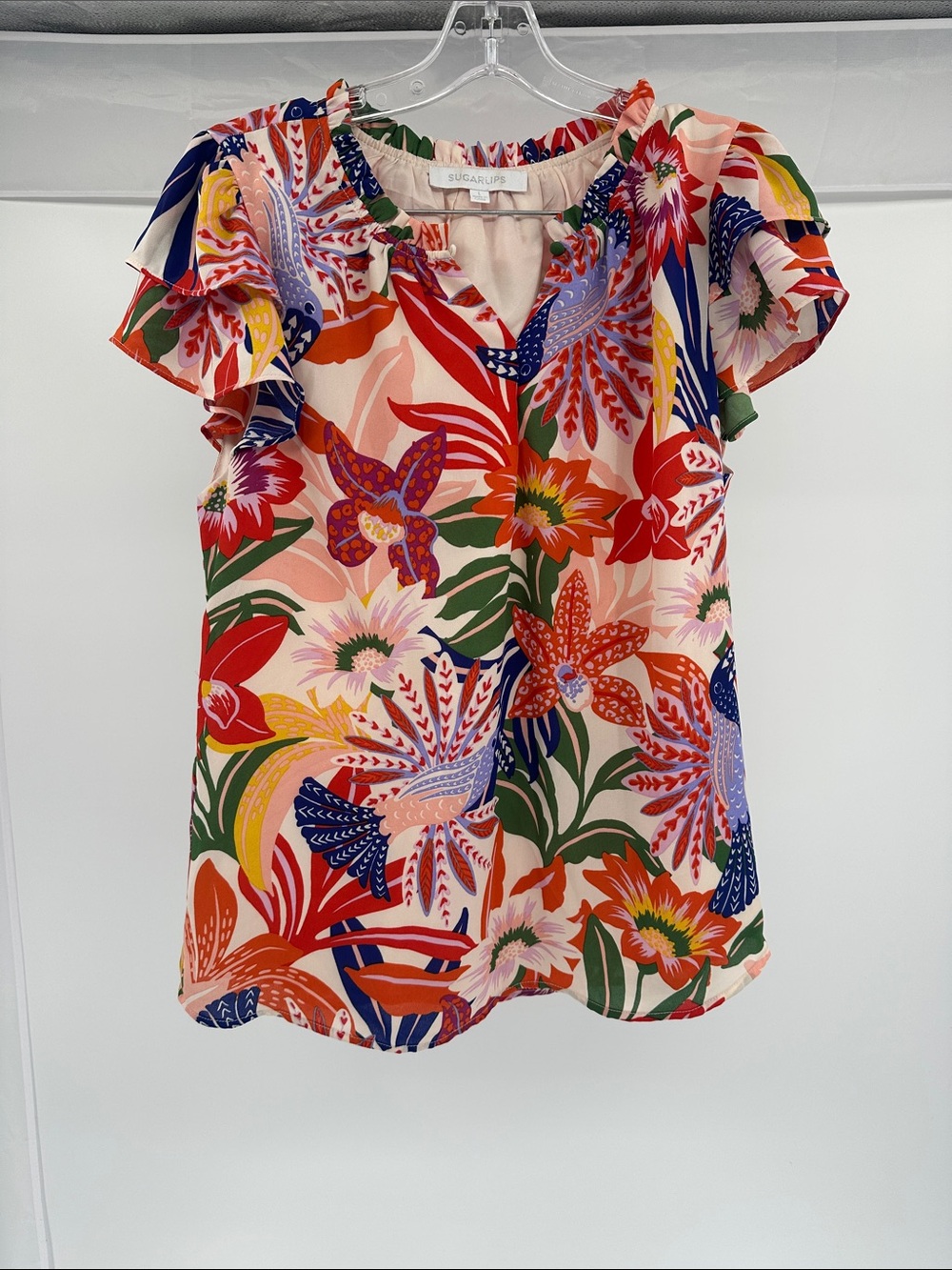 Sugarlips Coral Pink Multi Floral Ruffle Sleeve Top